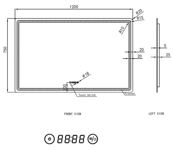 Welland Type-20V kétszemélyes LED tükör - fényerő + színhőfok állítás + páramentesítő + óra - 120 x 75 cm