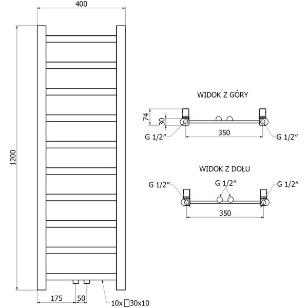 Mexen csavar, fűtőelem 1200 x 400 mm, 279 W, alul és középen, fehér, W126-1200-400-00-20