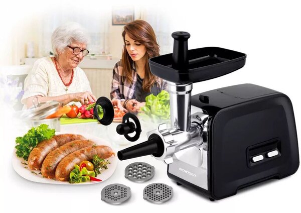 Berdsen BD-601A húsdaráló, 450/1200 W, ezüst/fekete, rozsdamentes acél kés és tárcsa, visszaforgató funkció, csúszásmentes talp