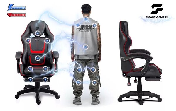 Gamer szék, Sofotel Specter, fekete/piros, 42-52 cm ülésmagasság, gumírozott kerekek, lábtartós, dönthető, fejpárnával, 120 kg teherbírás