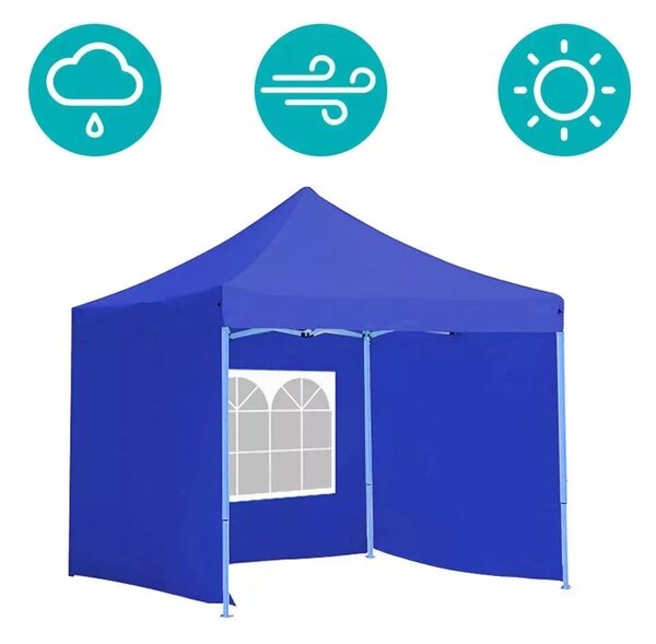 Összecsukható kerti pavilon, 2,9 × 2,9 m, kék színben, oldalfalakkal és hordtáskával, fém vázzal, PVC és oxford anyagból, 3,2 m teljes magassággal, stabil és könnyen felállítható szerkezettel, kültéri használatra