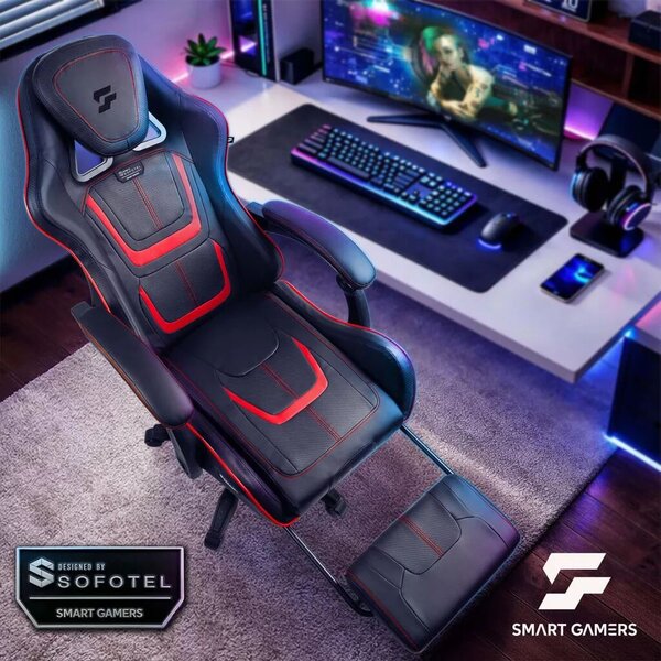 Gamer szék, Sofotel Specter, fekete/piros, 42-52 cm ülésmagasság, gumírozott kerekek, lábtartós, dönthető, fejpárnával, 120 kg teherbírás