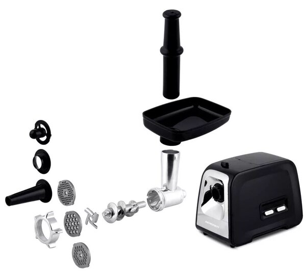 Berdsen BD-601A húsdaráló, 450/1200 W, ezüst/fekete, rozsdamentes acél kés és tárcsa, visszaforgató funkció, csúszásmentes talp