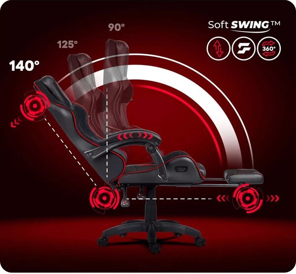 Gamer szék, Sofotel Specter, fekete/piros, 42-52 cm ülésmagasság, gumírozott kerekek, lábtartós, dönthető, fejpárnával, 120 kg teherbírás