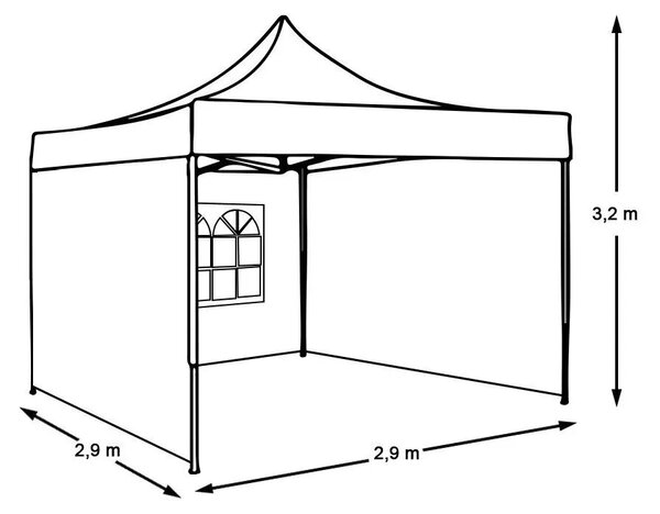 Összecsukható kerti pavilon, 2,9 × 2,9 m, kék színben, oldalfalakkal és hordtáskával, fém vázzal, PVC és oxford anyagból, 3,2 m teljes magassággal, stabil és könnyen felállítható szerkezettel, kültéri használatra