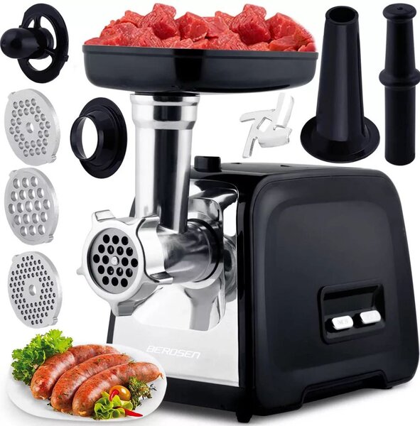 Berdsen BD-601A húsdaráló, 450/1200 W, ezüst/fekete, rozsdamentes acél kés és tárcsa, visszaforgató funkció, csúszásmentes talp