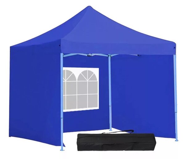 Összecsukható kerti pavilon, 2,9 × 2,9 m, kék színben, oldalfalakkal és hordtáskával, fém vázzal, PVC és oxford anyagból, 3,2 m teljes magassággal, stabil és könnyen felállítható szerkezettel, kültéri használatra
