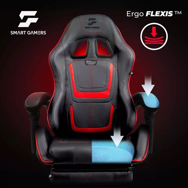 Gamer szék, Sofotel Specter, fekete/piros, 42-52 cm ülésmagasság, gumírozott kerekek, lábtartós, dönthető, fejpárnával, 120 kg teherbírás