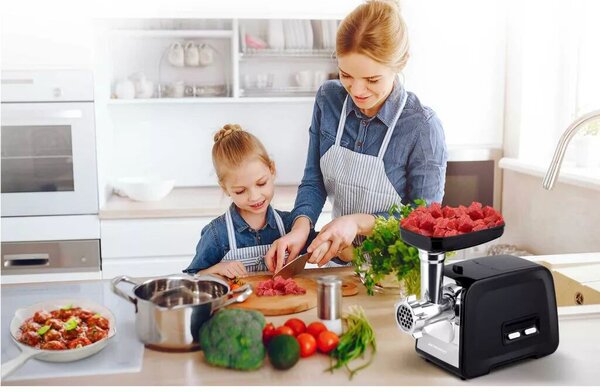 Berdsen BD-601A húsdaráló, 450/1200 W, ezüst/fekete, rozsdamentes acél kés és tárcsa, visszaforgató funkció, csúszásmentes talp