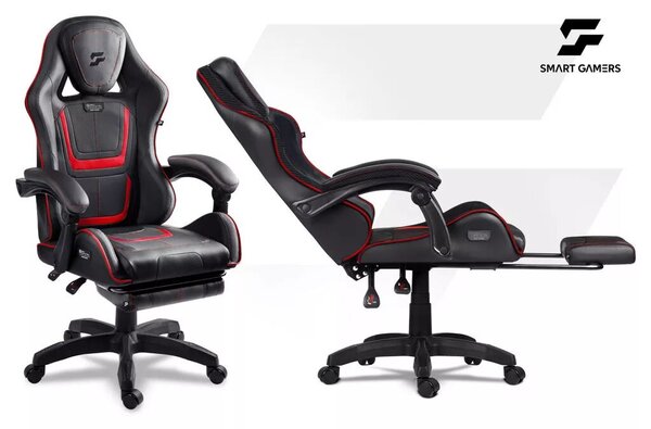 Gamer szék, Sofotel Specter, fekete/piros, 42-52 cm ülésmagasság, gumírozott kerekek, lábtartós, dönthető, fejpárnával, 120 kg teherbírás