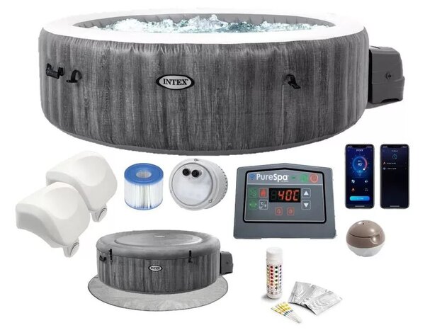 INTEX PureSPA Greywood Deluxe jacuzzi, 6 személyes, kerek, D216 x 71 cm, szürke / fehér (28442)