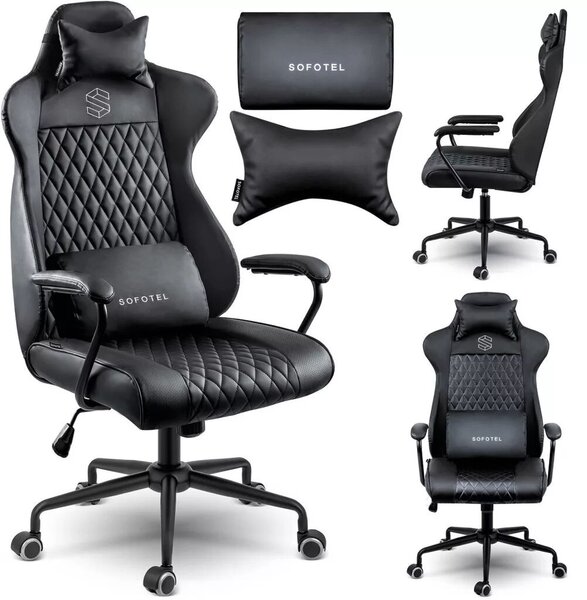 Irodai szék, Sofotel Verona, fekete, 41–48 cm ülésmagasság, hintafunkció, gázliftes magasságállítás, műbőr kárpit, gumírozott kerekek, fém talp, deréktámasz és fejpárna, 120 kg teherbírás
