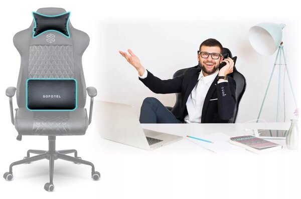 Irodai szék, Sofotel Verona, fekete, 41–48 cm ülésmagasság, hintafunkció, gázliftes magasságállítás, műbőr kárpit, gumírozott kerekek, fém talp, deréktámasz és fejpárna, 120 kg teherbírás