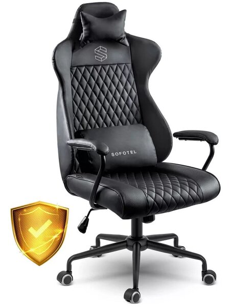 Irodai szék, Sofotel Verona, fekete, 41–48 cm ülésmagasság, hintafunkció, gázliftes magasságállítás, műbőr kárpit, gumírozott kerekek, fém talp, deréktámasz és fejpárna, 120 kg teherbírás