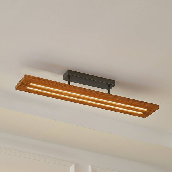 Lindby LED mennyezeti lámpa Nesaja, fekete, fa, 98cm, fényerőszabályozható, dimmelhető, Világos fa, Nappali / Étkező, Fa, Vidéki otthon / Rusztikus