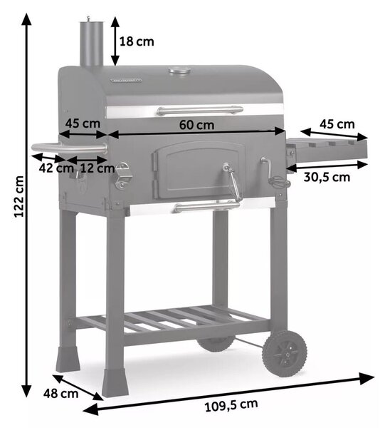 Faszenes grill, Berdsen BD-891, fekete, acél, 122 x 109,5 x 48 cm, kétrészes öntöttvas rács: 57 x 43 cm, kerekek