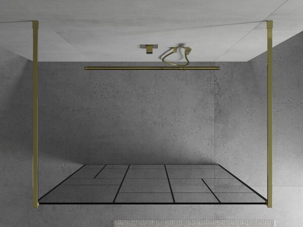 Mexen Kioto, átmenő zuhanyparaván 120 x 200 cm, 8mm átlátszó üveg / fekete mintás, 2x arany stabilizáló távtartó, 800-120-002-50-78