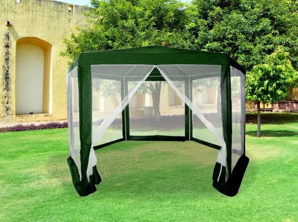 Kerti pavilon, MultiGarden PAW 2X2X2 NET, zöld, 2 x 2 m, 6 szúnyoghálós oldalfallal, fém vázzal, vízálló PE ponyva, 2 m magassággal, cipzáras bejárat
