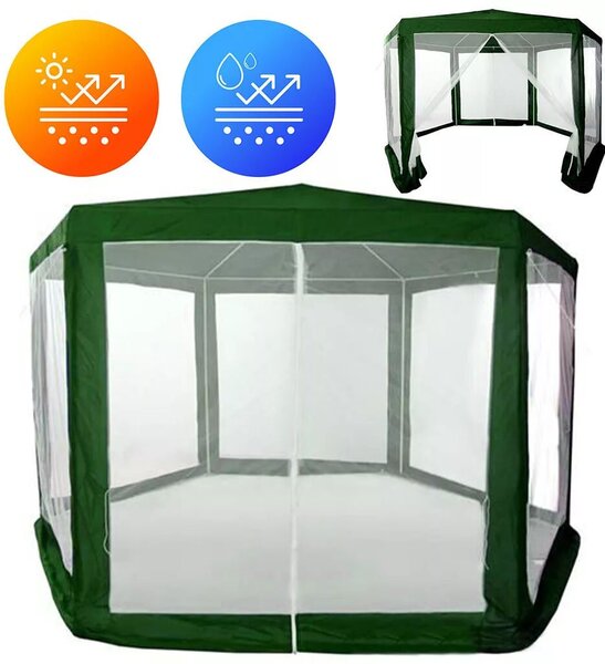 Kerti pavilon, MultiGarden PAW 2X2X2 NET, zöld, 2 x 2 m, 6 szúnyoghálós oldalfallal, fém vázzal, vízálló PE ponyva, 2 m magassággal, cipzáras bejárat