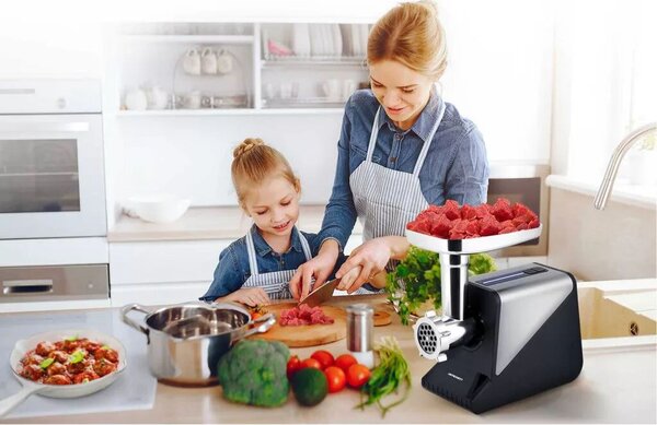 Húsdaráló, Berdsen, BD-602, ezüst, 800/2000 W, rozsdamentes acél kések és tárcsák, visszaforgás funkció, csúszásmentes gumitalp