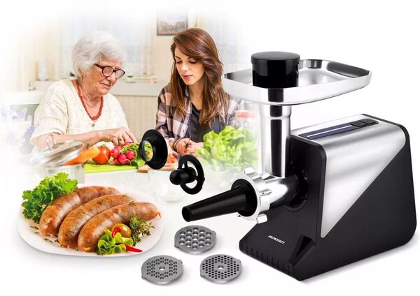 Húsdaráló, Berdsen, BD-602, ezüst, 800/2000 W, rozsdamentes acél kések és tárcsák, visszaforgás funkció, csúszásmentes gumitalp
