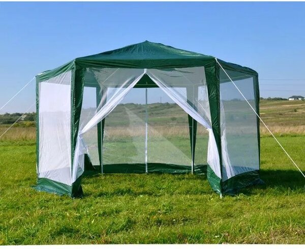 Kerti pavilon, MultiGarden PAW 2X2X2 NET, zöld, 2 x 2 m, 6 szúnyoghálós oldalfallal, fém vázzal, vízálló PE ponyva, 2 m magassággal, cipzáras bejárat