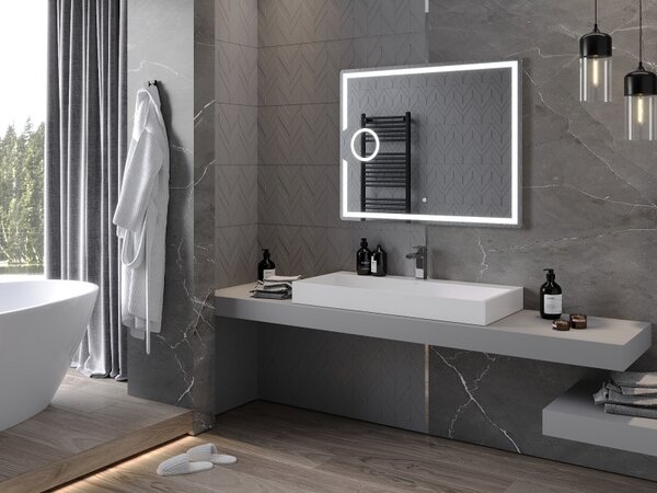 Mexen Onyx, LED fürdoszobai tükör háttérvilágítással és kozmetikai tükörrel 100x80 cm, 6000K, páramentesíto, 9813-100-080-611-00