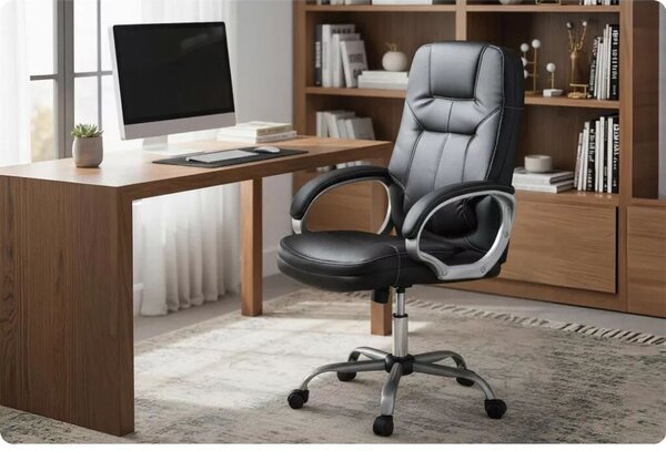Irodai szék, Sofotel 355, fekete, 109–116 cm, bőr kárpit, ergonomikus, dönthető, állítható magasság, gumírozott kerekek, 120 kg teherbírás