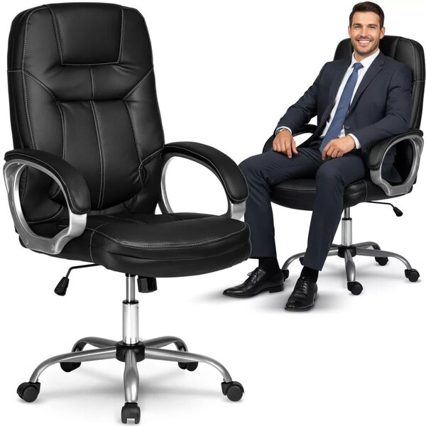 Irodai szék, Sofotel 355, fekete, 109–116 cm, bőr kárpit, ergonomikus, dönthető, állítható magasság, gumírozott kerekek, 120 kg teherbírás
