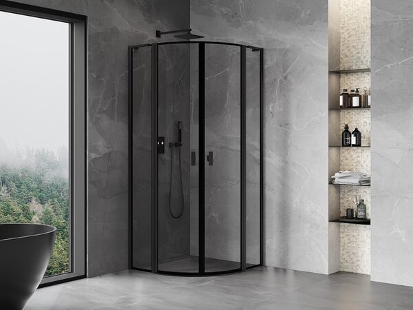 Mexen Mist L, negyedkör alakú zuhanykabin kétszárnyú ajtókkal, 80 x 80 cm, 8 mm-es átlátszó üveg, fekete profil, 8A32L-080-080-70-70
