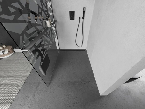 Mexen Kioto+, Walk-In zuhany paraván polccal és akasztóval 70 x 200 cm, 8 mm átlátszó üveg fehér mintás, grafit profil, 800-070-121-95-85