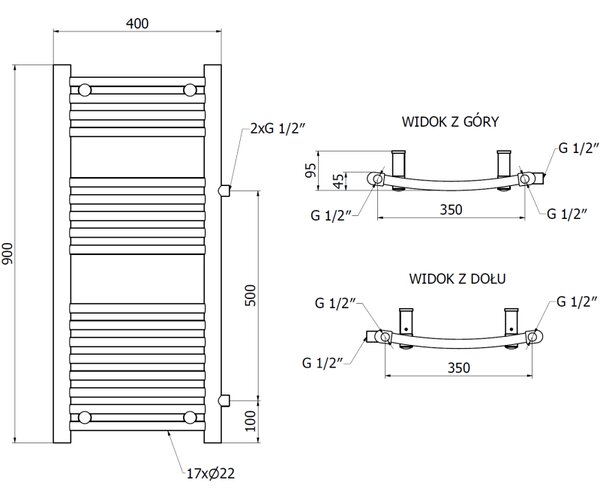 Mexen Ares, fűtőelem 900 x 400 mm, 312 W, oldalsó jobb és alsó csatlakozás, fehér, W102-0900-400-00-20-S
