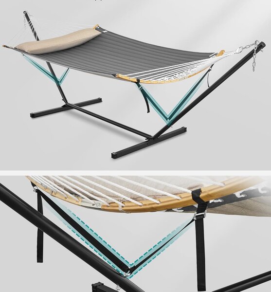 SONGMICS függőágy fém tartóval, párnázott felülettel, állítható, párnával, 200 kg, 400x100x90 cm, szürke