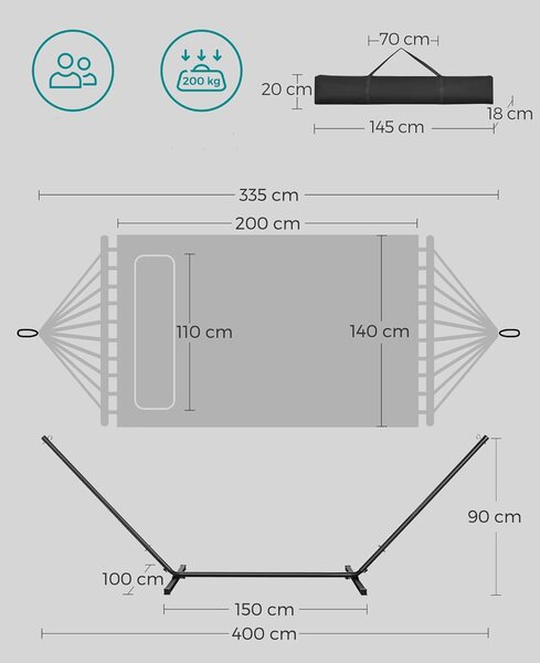 SONGMICS függőágy fém tartóval, párnázott felülettel, állítható, párnával, 200 kg, 400x100x90 cm, szürke