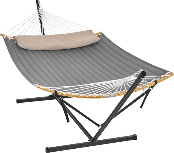 SONGMICS függőágy fém tartóval, párnázott felülettel, állítható, párnával, 200 kg, 400x100x90 cm, szürke