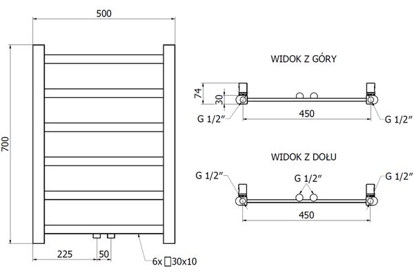 Mexen csavar, fűtőelem 700 x 500 mm, 188 W, alul és középen, fehér, W126-0700-500-00-20