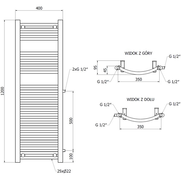 Mexen Ares, fűtőelem 1200 x 400 mm, 442 W, oldalsó jobb és alsó csatlakozás, fekete, W102-1200-400-00-70-S