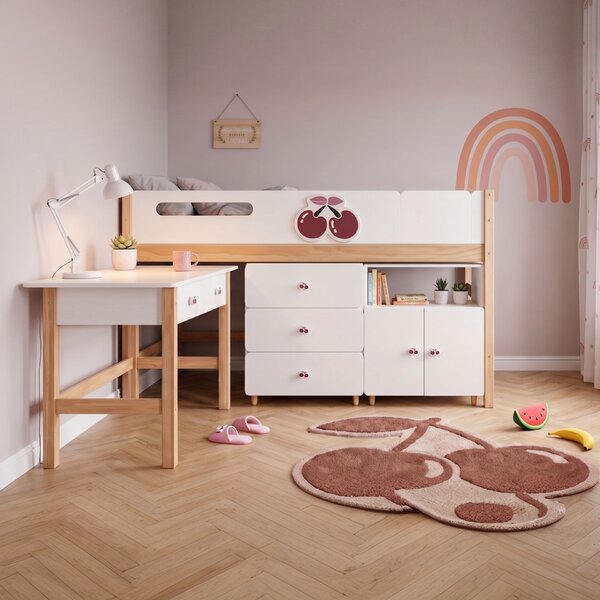 GINGER HOME CHERRY Gyerekszoba Bútorszett, 90×200 cm-es Kombinált Ággyal, Íróasztallal, Komóddal, Szekrénnyel és Háromajtós Ruhásszekrénnyel, Fehér–Rózsaszín–Natúr Fa