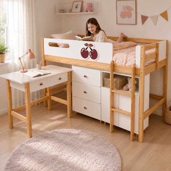 GINGER HOME CHERRY Gyerekszoba Bútorszett, 90×200 cm-es Kombinált Ággyal, Íróasztallal, Komóddal, Szekrénnyel és Háromajtós Ruhásszekrénnyel, Fehér–Rózsaszín–Natúr Fa