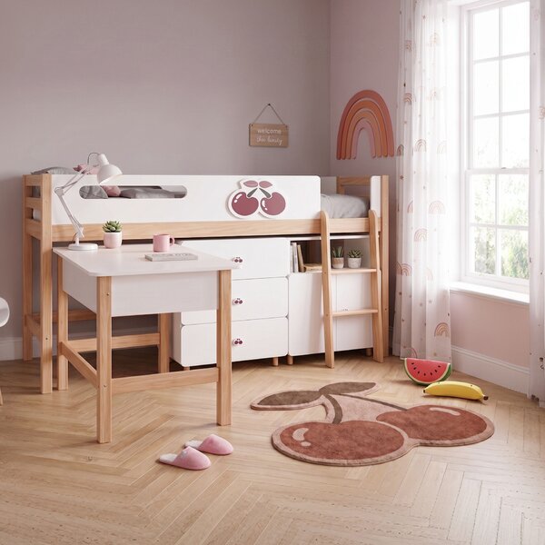 GINGER HOME CHERRY Gyerekszoba Bútorszett, 90×200 cm-es Kombinált Ággyal, Íróasztallal, Komóddal, Szekrénnyel és Háromajtós Ruhásszekrénnyel, Fehér–Rózsaszín–Natúr Fa