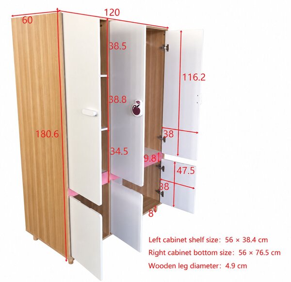 GINGER HOME CHERRY Gyerekszoba Bútorszett, 90×200 cm-es Kombinált Ággyal, Íróasztallal, Komóddal, Szekrénnyel és Háromajtós Ruhásszekrénnyel, Fehér–Rózsaszín–Natúr Fa