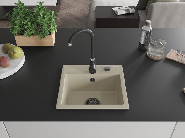 Mexen Milo, gránit mosogató 435x410x171 mm, 1 kamrás, bézs, fekete szifonnal, 6505441000-69-B