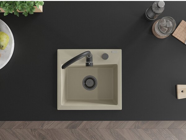 Mexen Milo, gránit mosogató 435x410x171 mm, 1 kamrás, bézs, fekete szifonnal, 6505441000-69-B