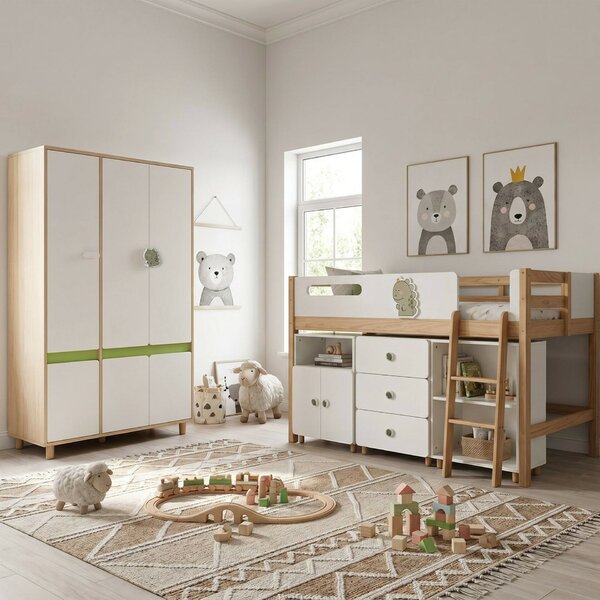 GINGER HOME DINO Gyerekszoba Bútorszett, 90×200 cm-es Kombinált Ággyal, Ruhásszekrénnyel, Szekrényekkel, Komóddal, Polcos Tárolóval és Ágyráccsal, Fehér–Zöld–Natúr Fa