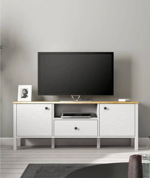 Hanah Home TV szekrény nappaliba 150x58x35 cm, PAL 18mm, él 0.8mm, MDF lábak, fém és fa fogantyúk, fehér - Ellenőrzött A · Re-Bloom