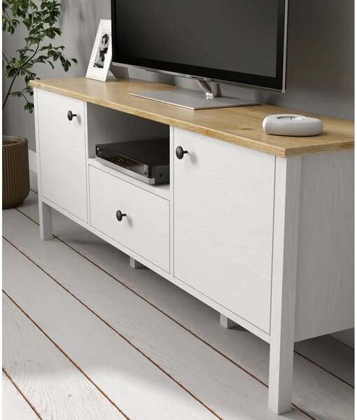 Hanah Home TV szekrény nappaliba 150x58x35 cm, PAL 18mm, él 0.8mm, MDF lábak, fém és fa fogantyúk, fehér - Ellenőrzött A · Re-Bloom