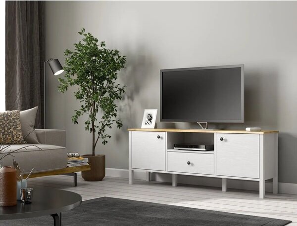 Hanah Home TV szekrény nappaliba 150x58x35 cm, PAL 18mm, él 0.8mm, MDF lábak, fém és fa fogantyúk, fehér - Ellenőrzött A · Re-Bloom
