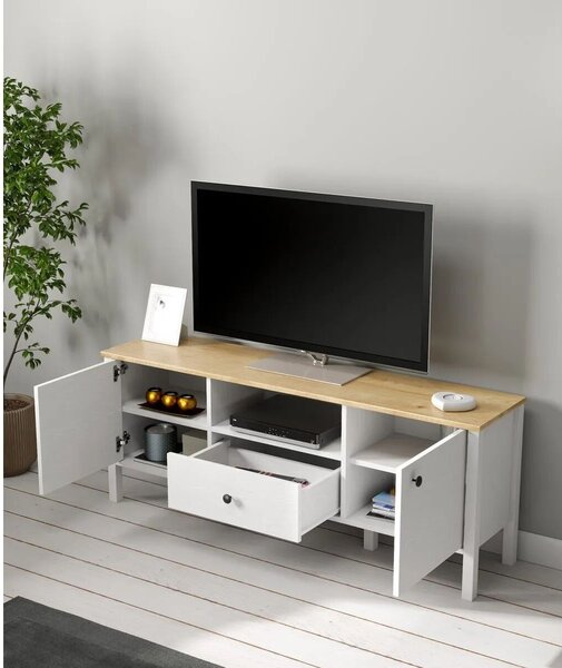 Hanah Home TV szekrény nappaliba 150x58x35 cm, PAL 18mm, él 0.8mm, MDF lábak, fém és fa fogantyúk, fehér - Ellenőrzött A · Re-Bloom