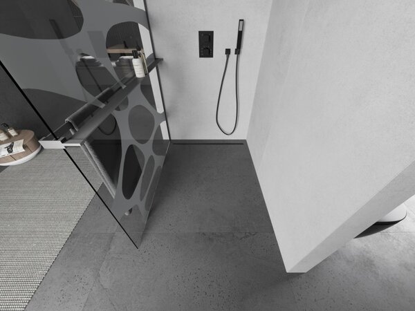 Mexen Kioto+, Walk-In zuhany paraván polccal és akasztóval 80 x 200 cm, 8 mm átlátszó üveg fehér mintás, grafit profil, 800-080-121-95-97