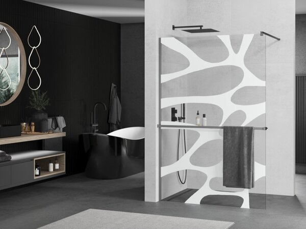 Mexen Kioto+, Walk-In zuhany paraván polccal és akasztóval 80 x 200 cm, 8 mm átlátszó üveg fehér mintás, grafit profil, 800-080-121-95-97
